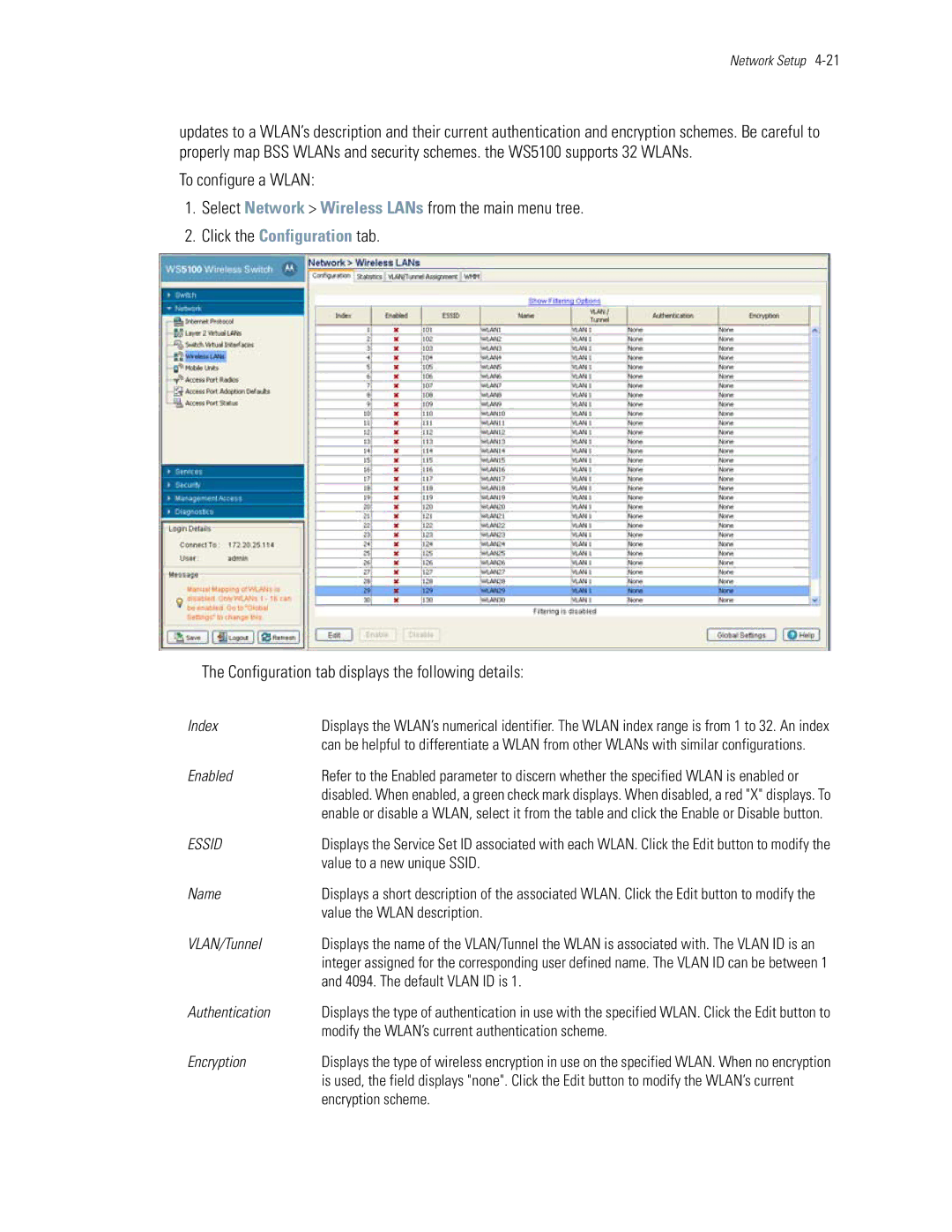 Motorola WS5100 manual Enabled, Value to a new unique Ssid, Value the Wlan description, VLAN/Tunnel, The default Vlan ID is 