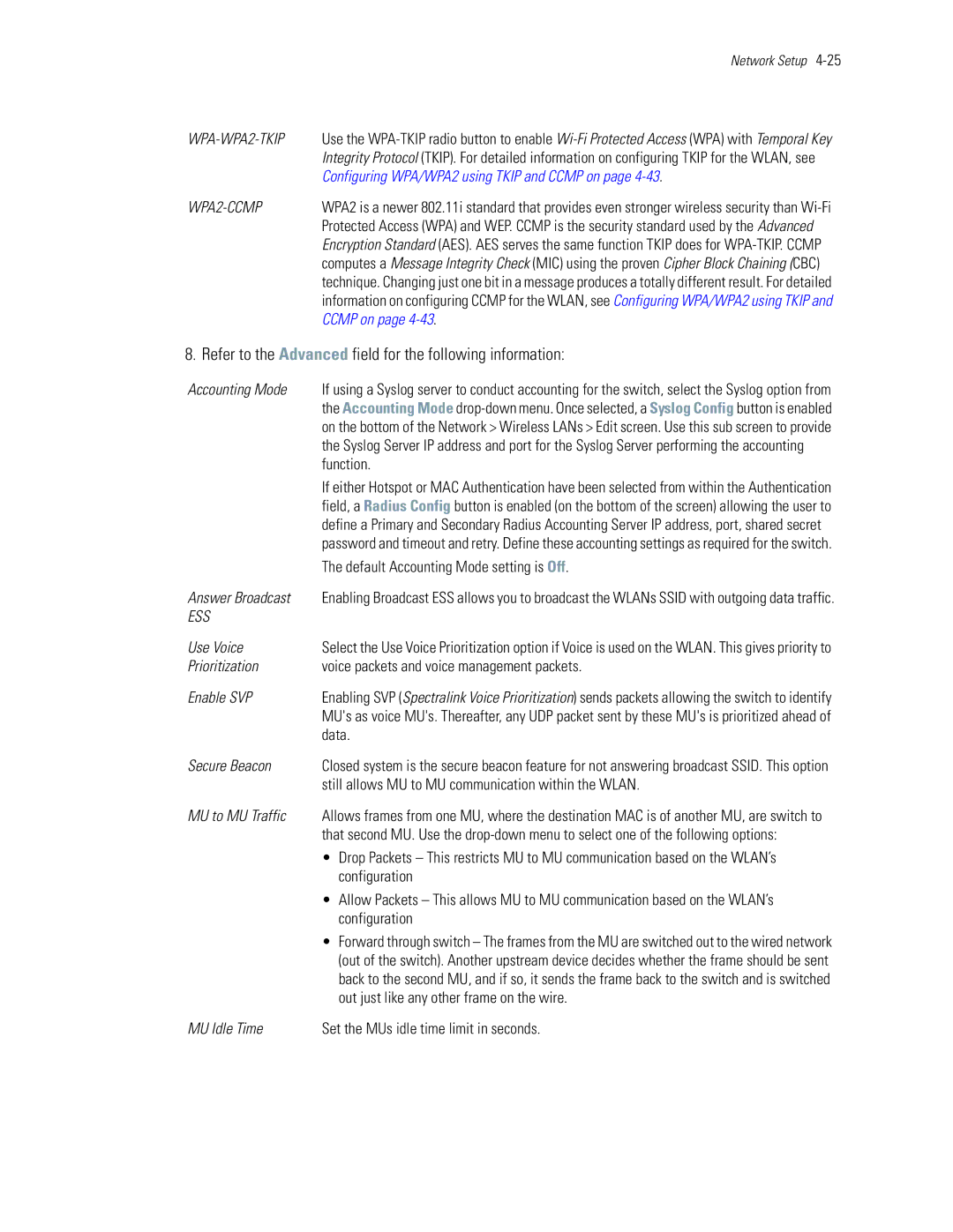 Motorola WS5100 manual Refer to the Advanced field for the following information 