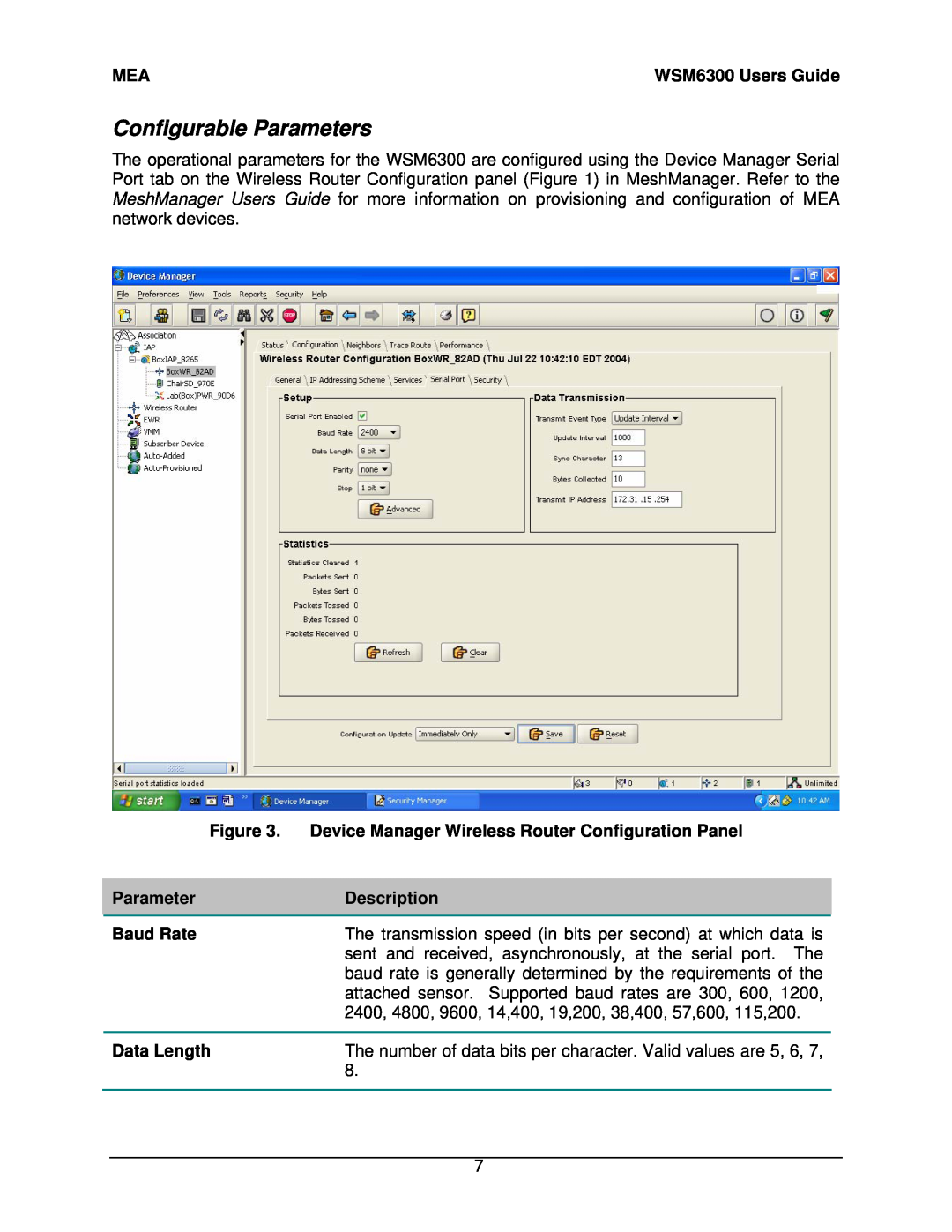 Motorola WSM6300 manual Configurable Parameters, Device Manager Wireless Router Configuration Panel, Description, Baud Rate 