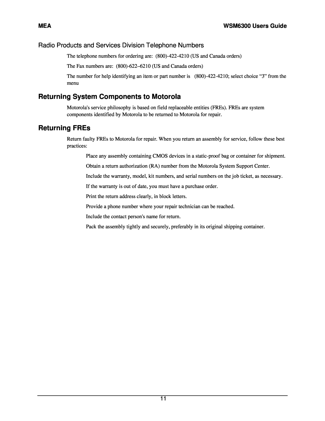 Motorola manual Returning System Components to Motorola, Returning FREs, WSM6300 Users Guide 