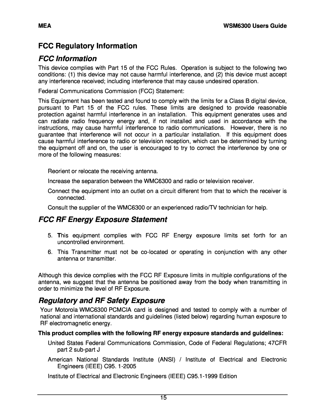 Motorola WSM6300 manual FCC Regulatory Information, FCC Information, FCC RF Energy Exposure Statement 