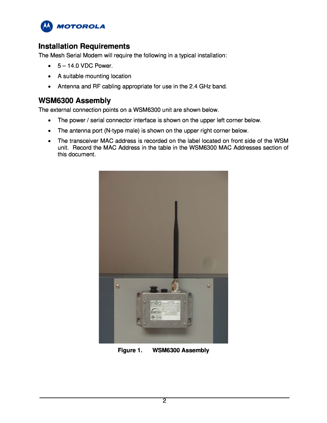Motorola manual Installation Requirements, WSM6300 Assembly 