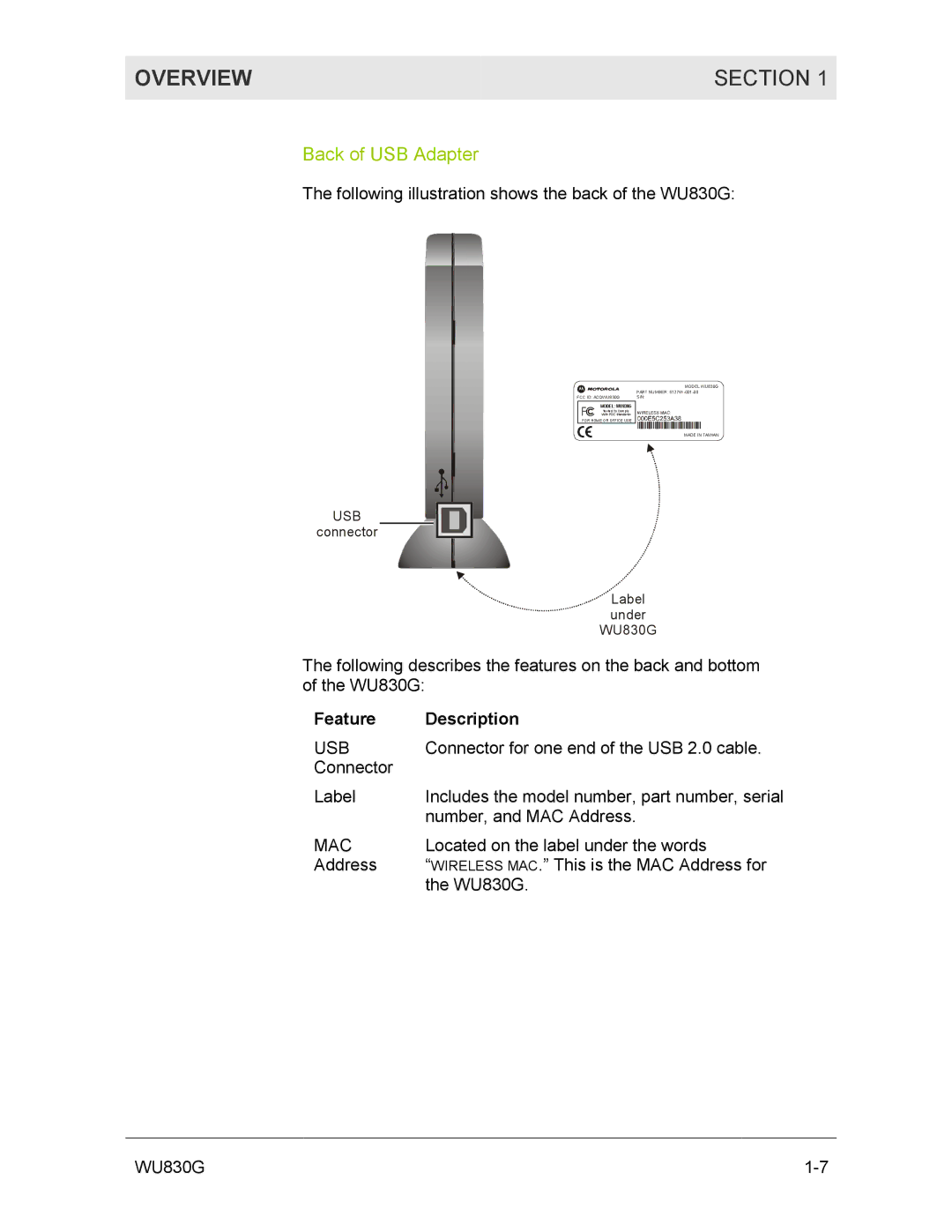 Motorola manual Back of USB Adapter, Following illustration shows the back of the WU830G 