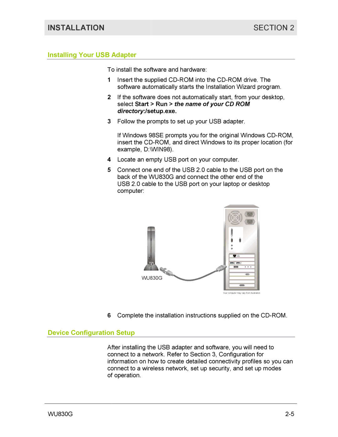 Motorola WU830G manual Installing Your USB Adapter, Device Configuration Setup 