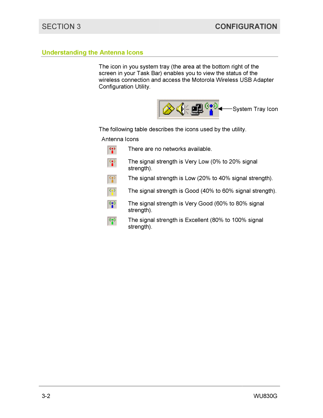 Motorola WU830G manual Configuration, Understanding the Antenna Icons 