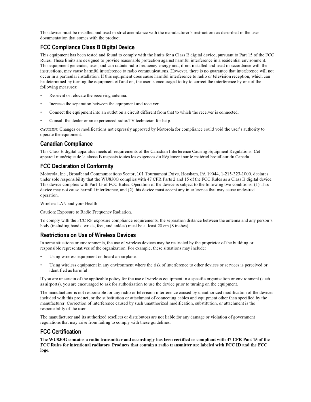 Motorola WU830G manual FCC Compliance Class B Digital Device 