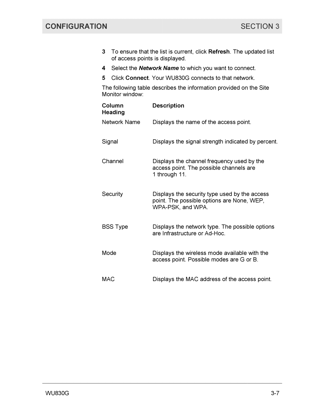 Motorola WU830G manual Configuration Section, Column Description Heading 