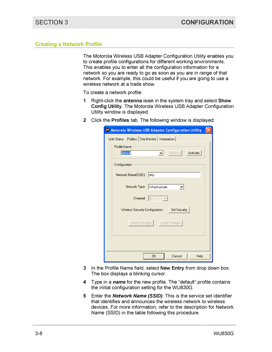 Motorola WU830G manual Creating a Network Profile 