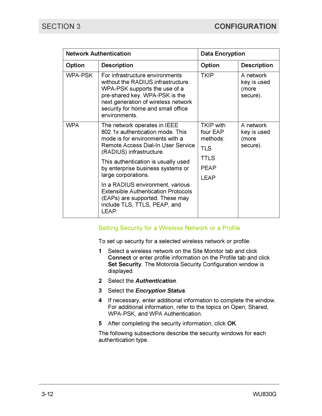 Motorola WU830G manual Setting Security for a Wireless Network or a Profile 