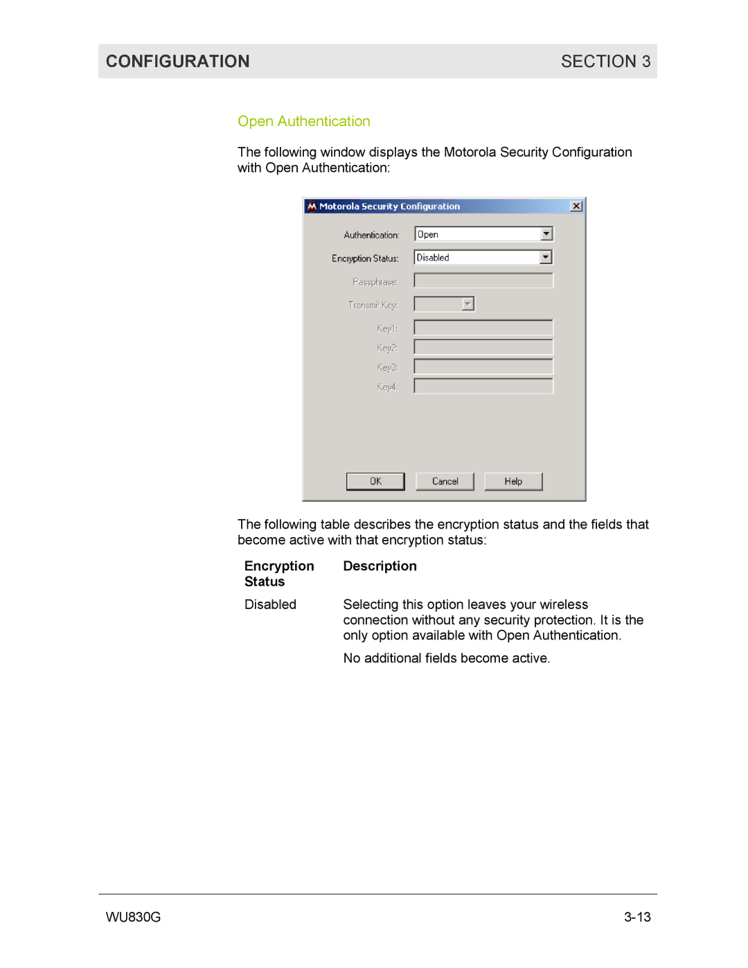 Motorola WU830G manual Open Authentication, Encryption Description Status 