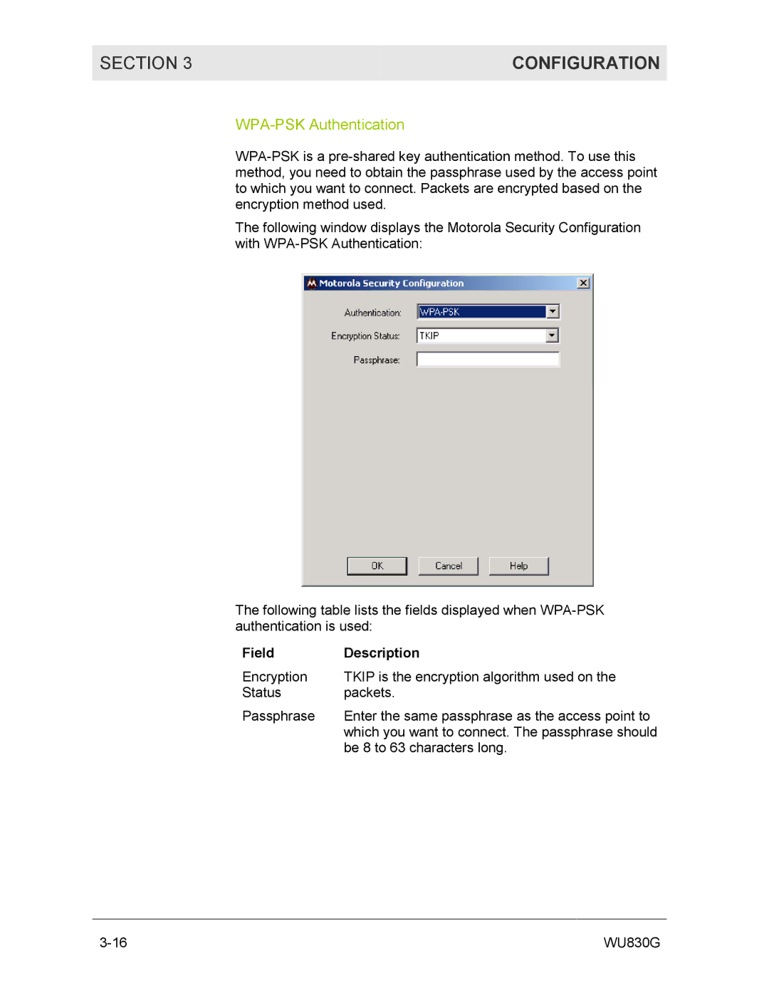 Motorola WU830G manual WPA-PSK Authentication, Field Description 