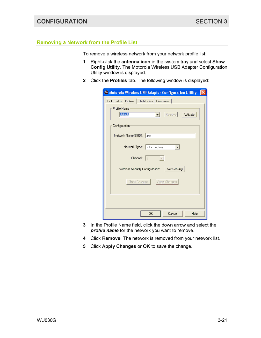 Motorola WU830G manual Removing a Network from the Profile List 