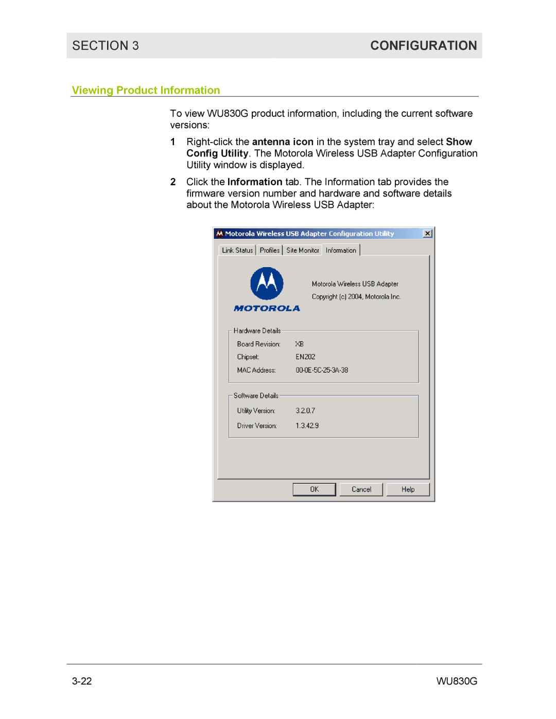 Motorola WU830G manual Configuration, Viewing Product Information 