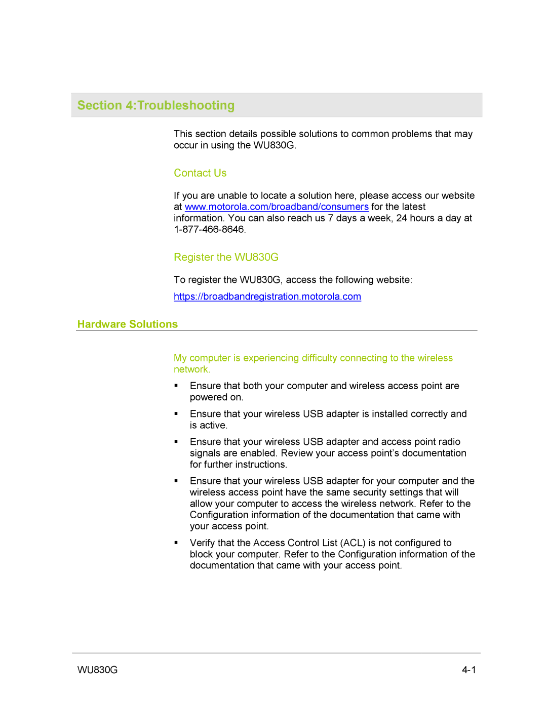 Motorola manual Contact Us Register the WU830G, Hardware Solutions 