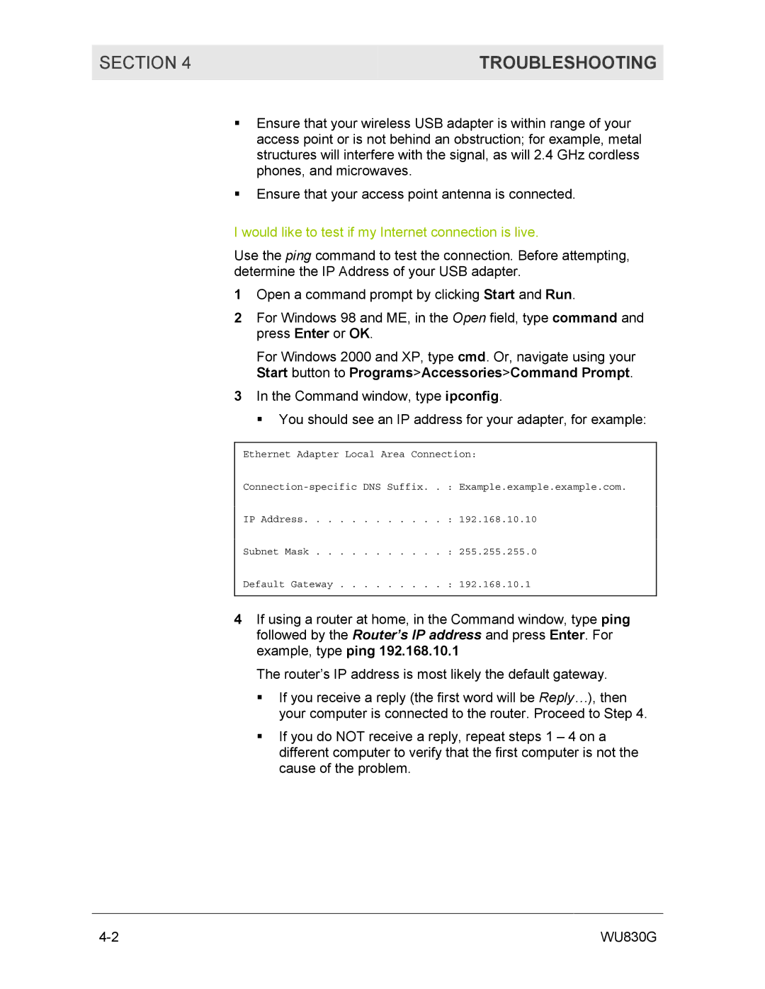 Motorola WU830G manual Troubleshooting, Start button to ProgramsAccessoriesCommand Prompt 