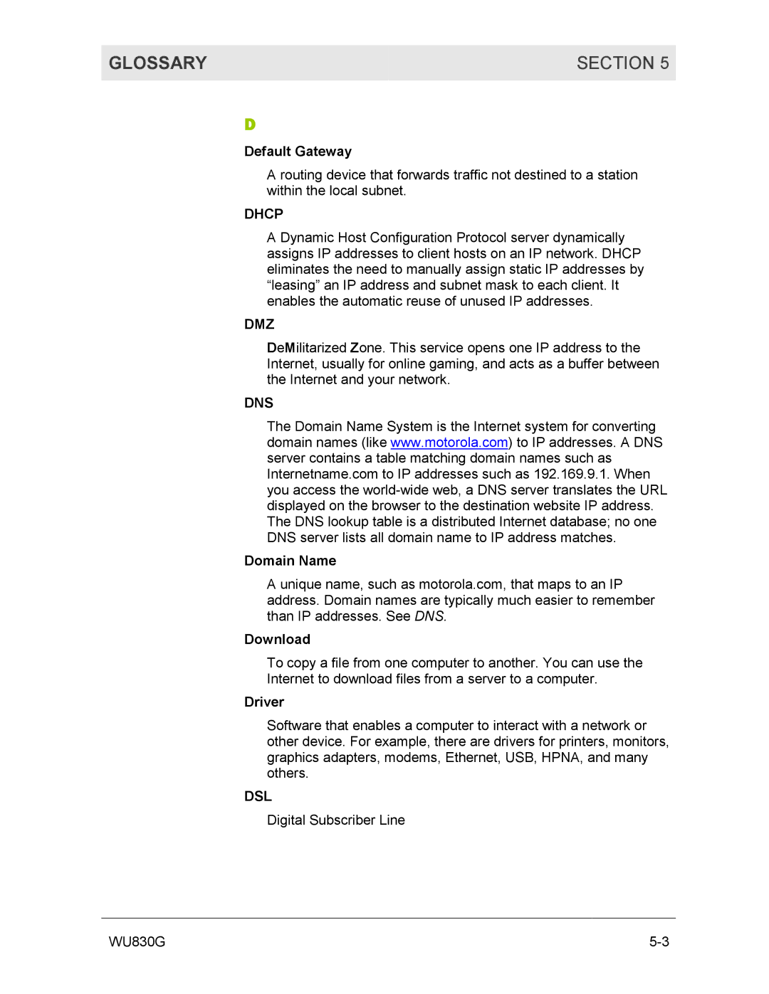 Motorola WU830G manual Glossary Section, Dhcp, Dmz, Dns, Dsl 