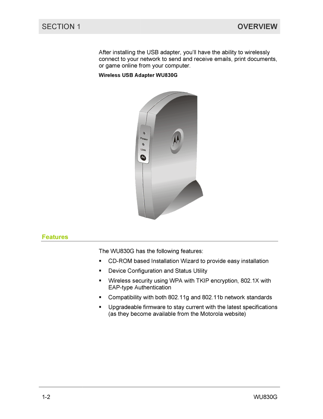 Motorola WU830G manual Overview, Features 