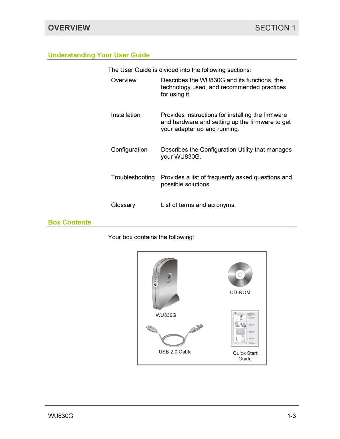 Motorola WU830G manual Overview Section, Understanding Your User Guide, Box Contents 