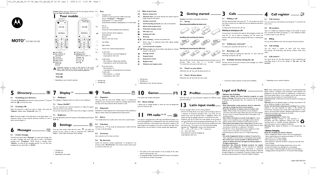 Motorola WX160 warranty Keys, Main screen icons, Set-up, Making a call, Making an emergency call, Call memory, My numbers 