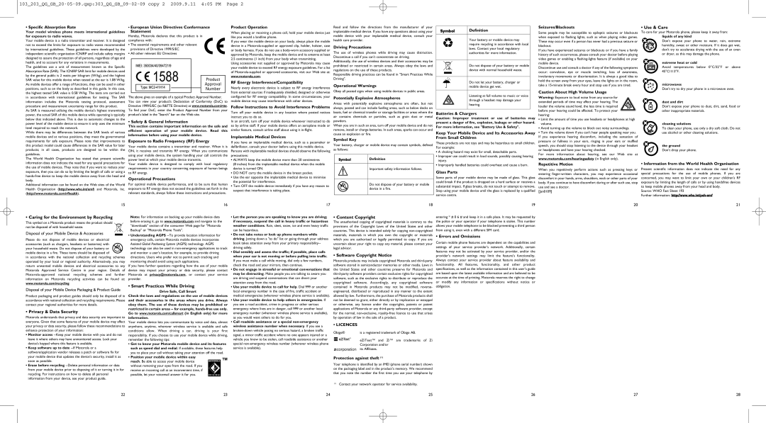 Motorola WX180, WX160 1588, 103203QGGB20-05-09.qxp303QGGB09-02-09 copy 2 2009.9.11 405 PM Page, Product, Approval, Number 