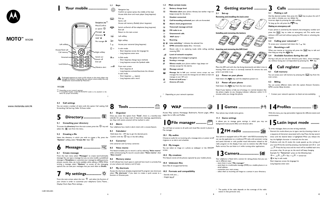 Motorola WX288 manual Your mobile, Getting started Calls, Call register, Tools, 11Games 14Profiles, 10File manager 