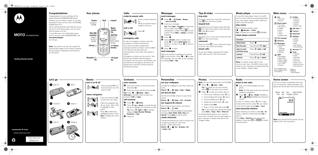 Motorola WX260, WX290 manual Congratulations, Calls, Messages, Tips & tricks, Music player, Main menu, Let’s go 