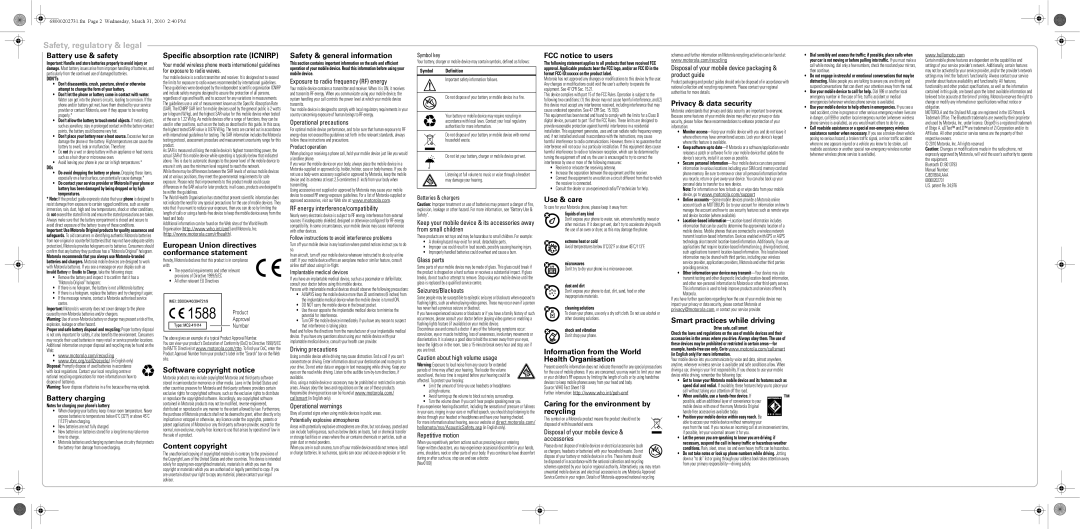 Motorola WX290, WX260 Battery use & safety, Battery charging, Specific absorption rate Icnirp, Software copyright notice 