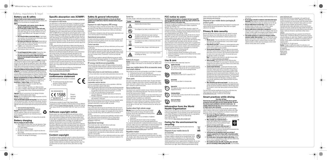 Motorola WX295, WX265 Battery use & safety, Battery charging, Specific absorption rate Icnirp, Software copyright notice 