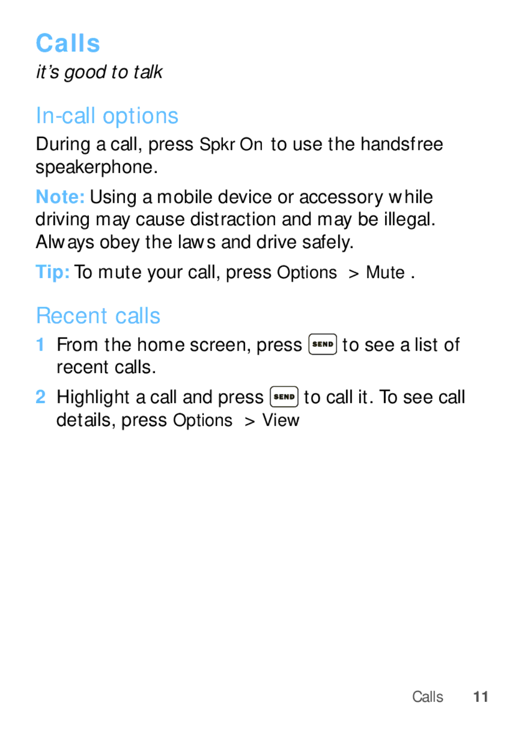 Motorola WX345 manual Calls, In-call options, Recent calls 