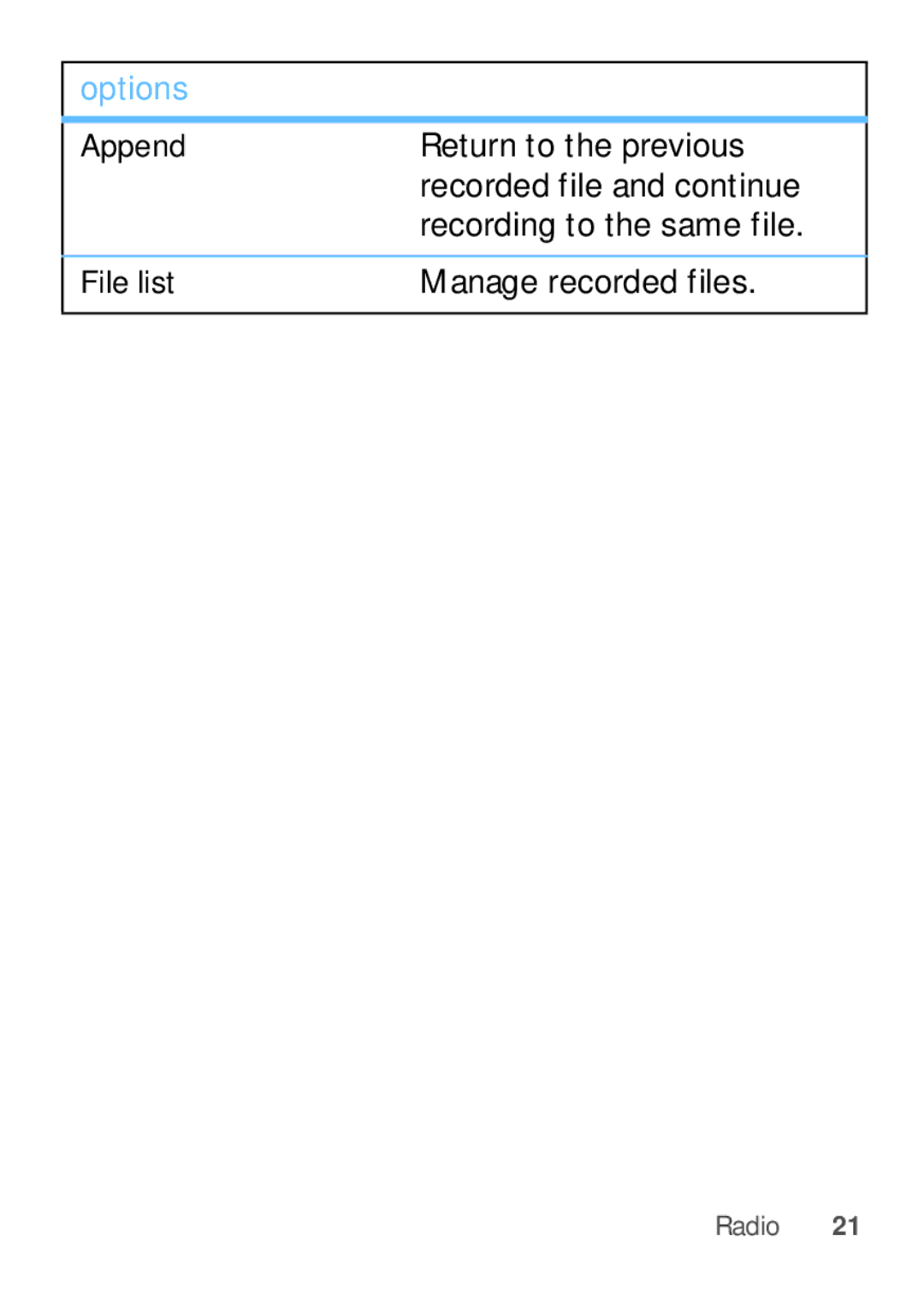 Motorola WX345 manual Return to the previous, Recorded file and continue, Recording to the same file, Manage recorded files 