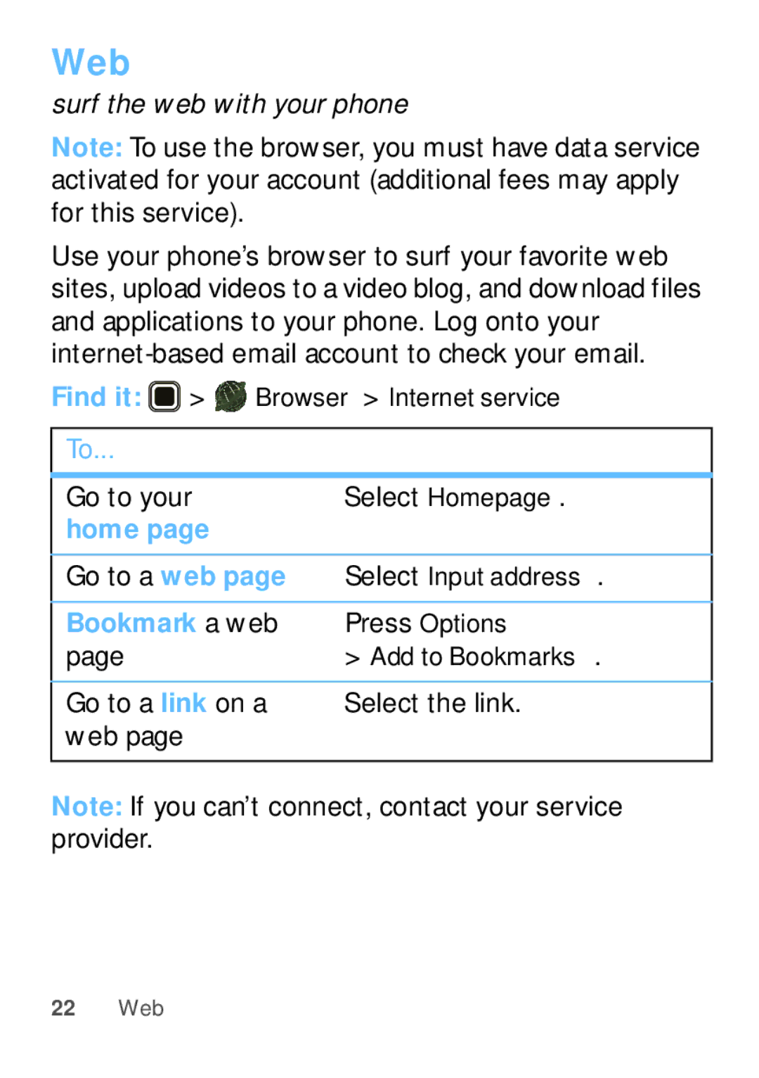 Motorola WX345 manual Go to your Select Homepage, Go to a web, Go to a link on a Select the link Web 