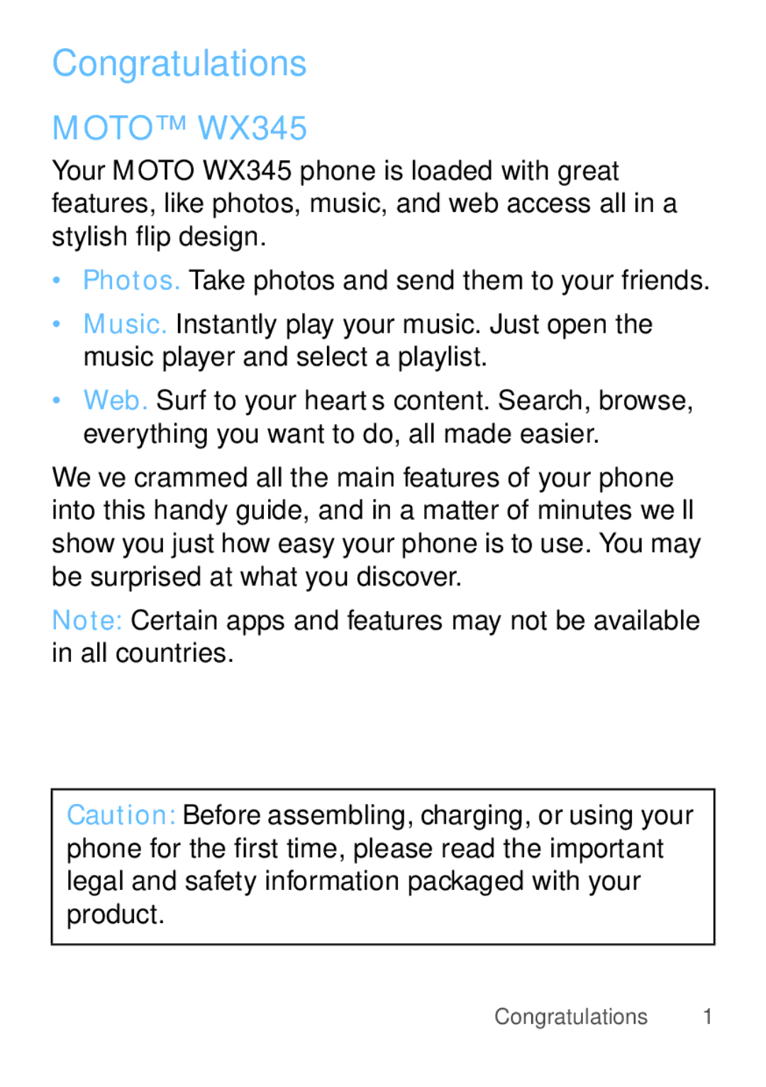 Motorola manual Congratulations, Moto WX345 