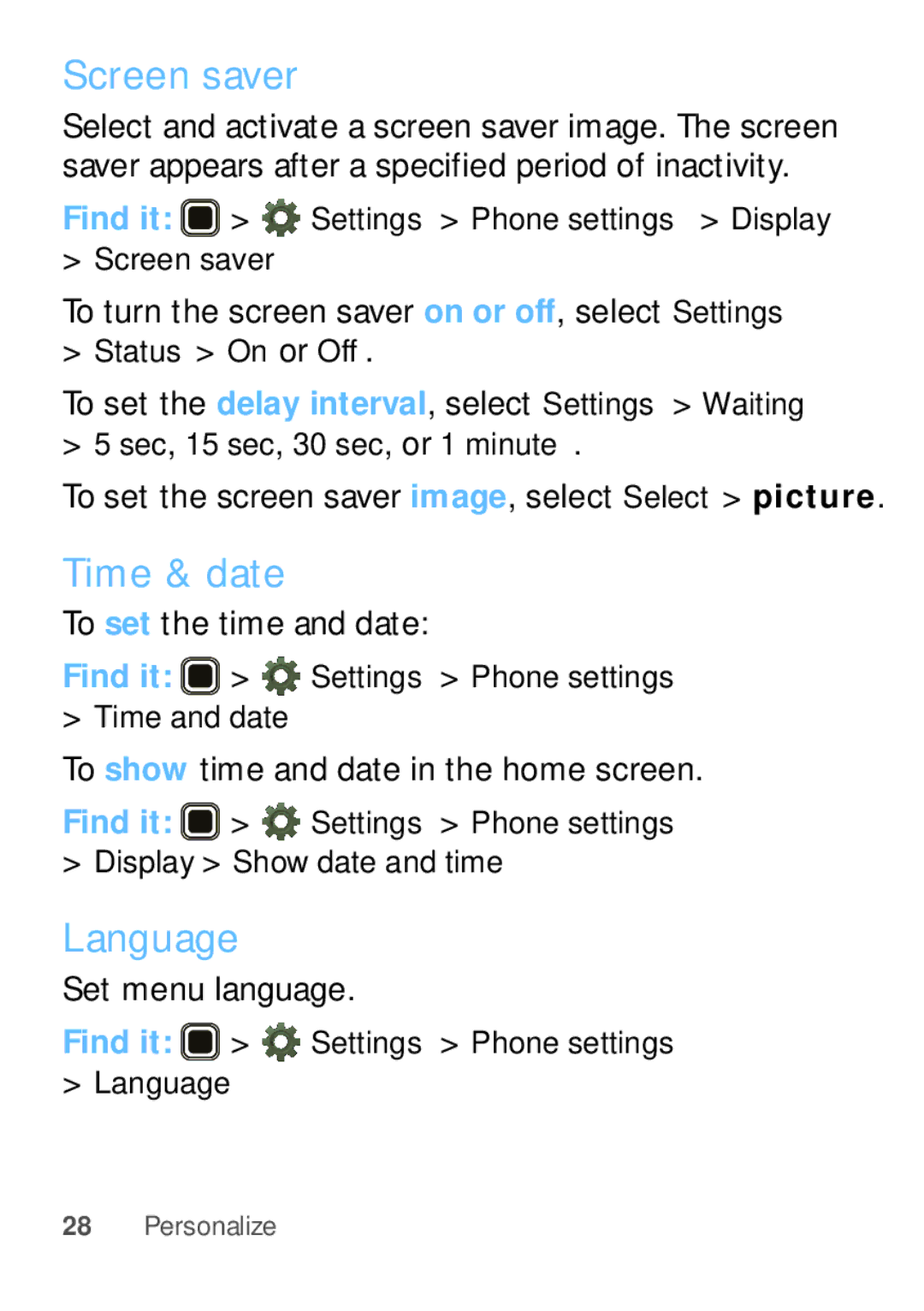 Motorola WX345 manual Screen saver, Time & date, Language 