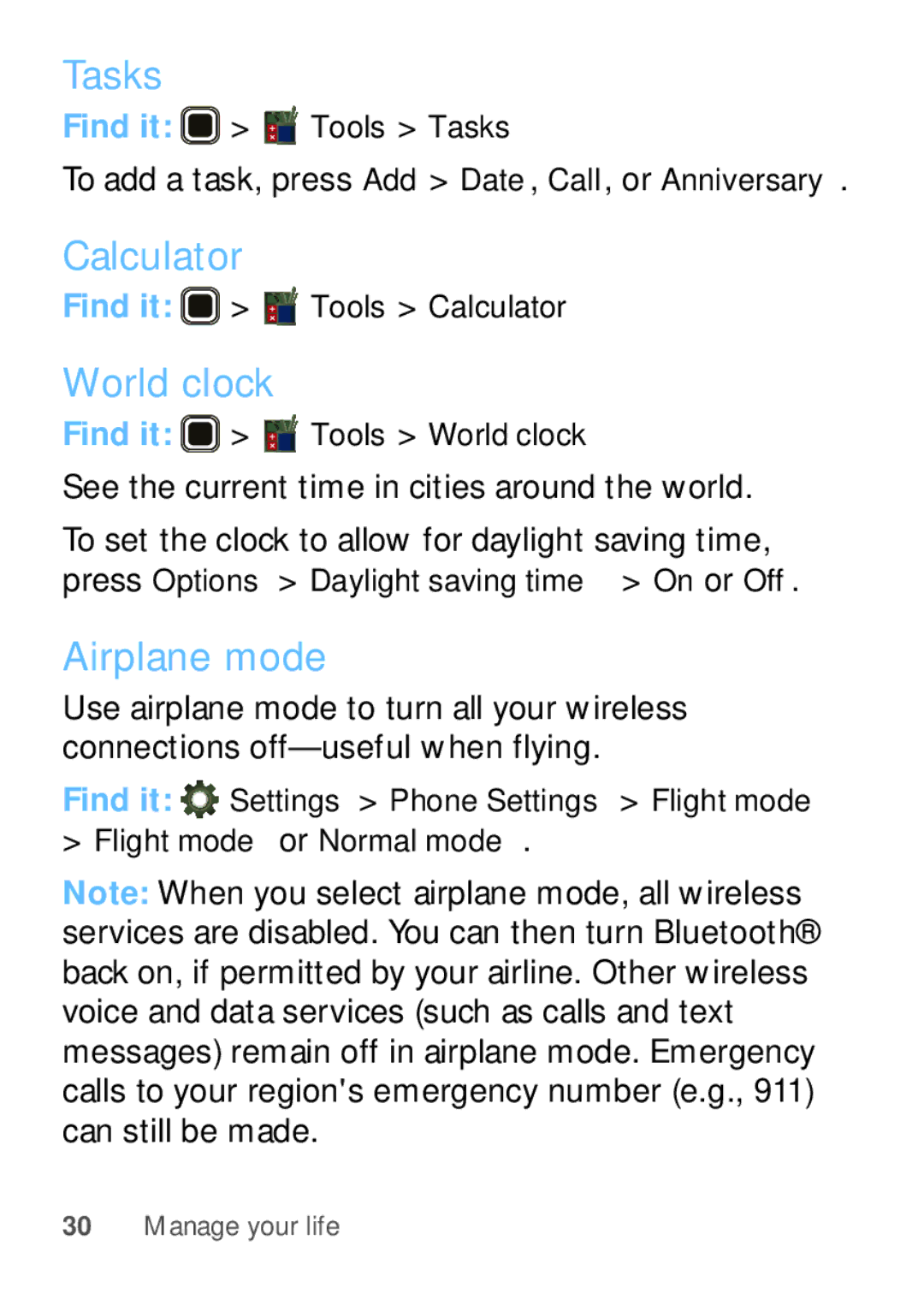 Motorola WX345 manual Tasks, Calculator, World clock, Airplane mode 