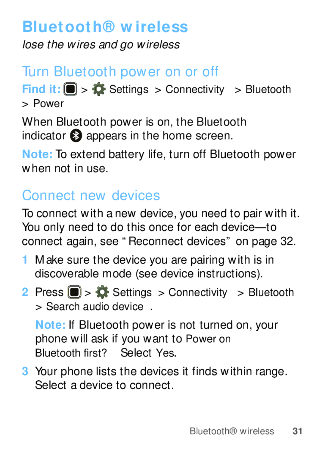 Motorola WX345 manual Bluetooth wireless, Turn Bluetooth power on or off, Connect new devices 