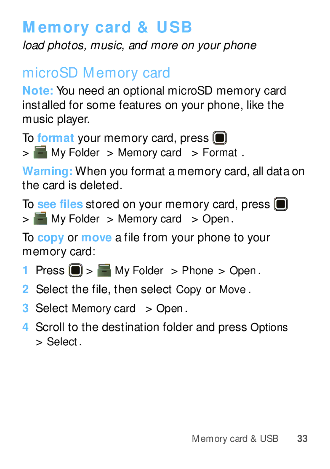 Motorola WX345 manual Memory card & USB, MicroSD Memory card 