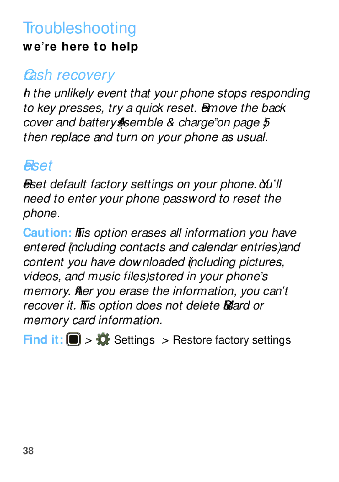 Motorola WX345 manual Troubleshooting, Crash recovery, Reset 