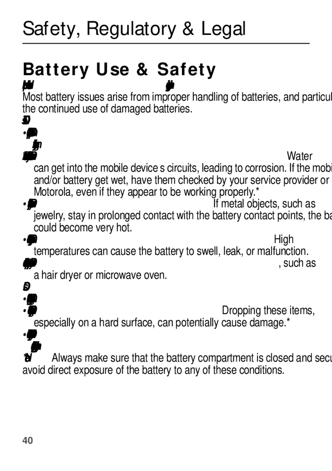 Motorola WX345 manual Battery Use & Safety, Hair dryer or microwave oven 