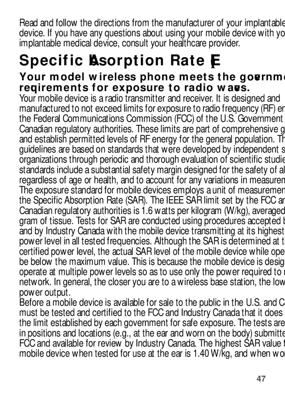 Motorola WX345 manual Specific Absorption Rate Ieee 