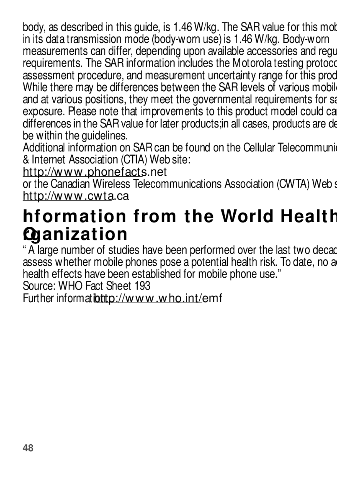 Motorola WX345 manual Information from the World Health Organization, Source WHO Fact Sheet 