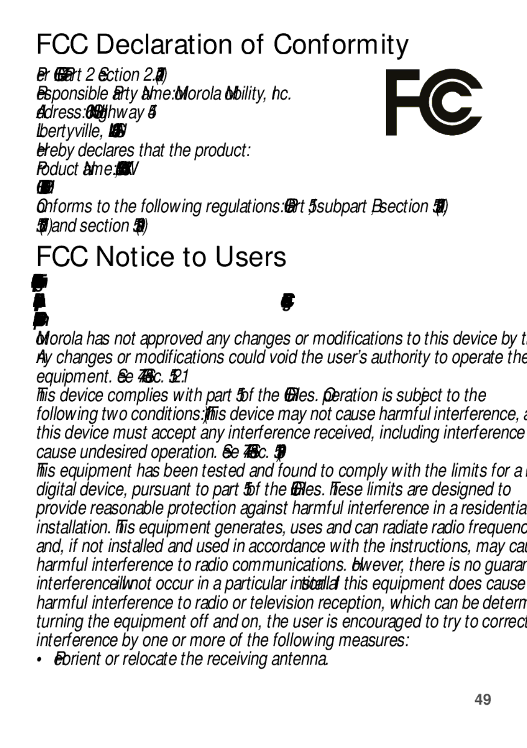 Motorola WX345 manual FCC Declaration of Conformity, FCC Notice to Users, Reorient or relocate the receiving antenna 