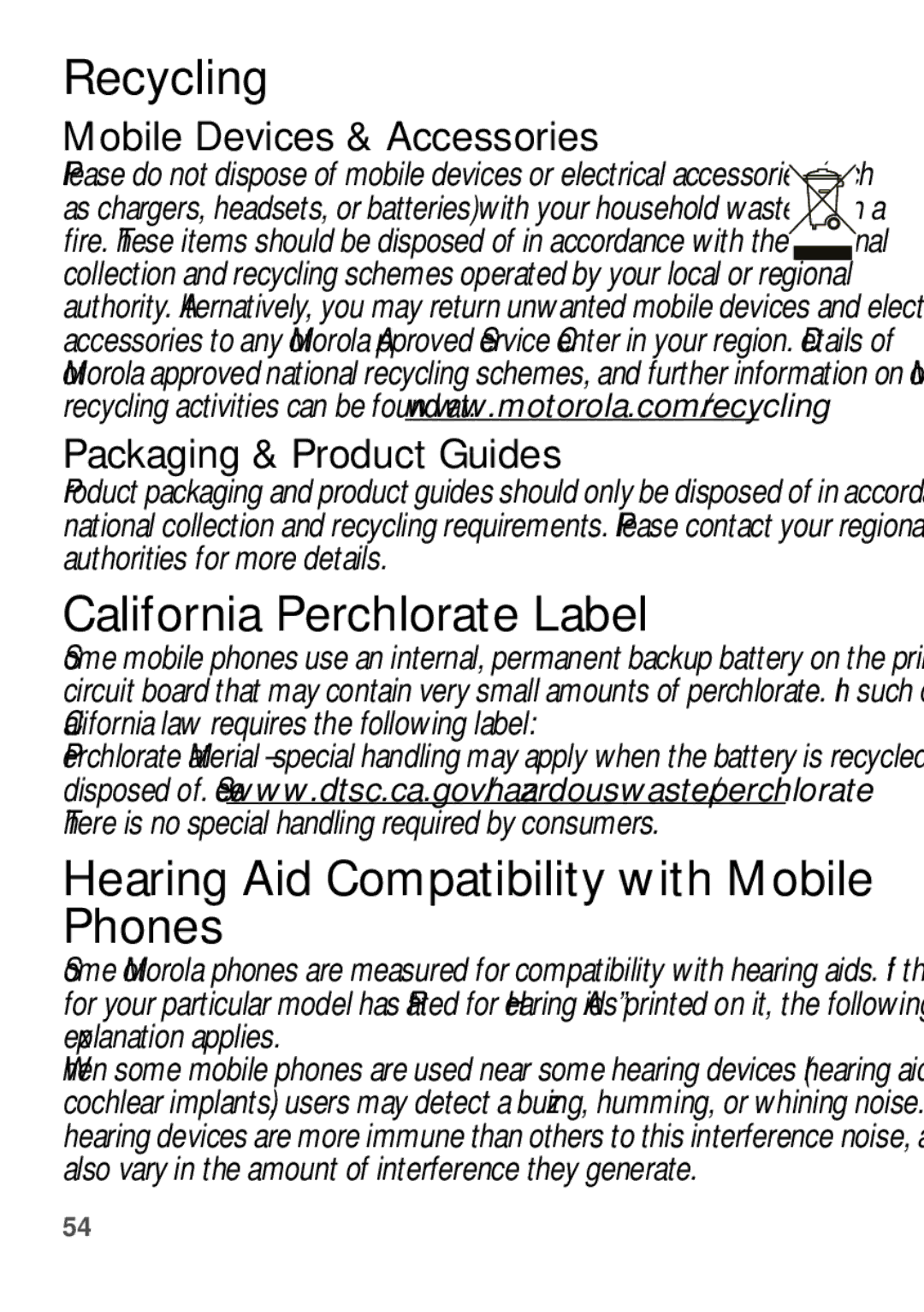 Motorola WX345 manual Recycling, California Perchlorate Label, Hearing Aid Compatibility with Mobile Phones 