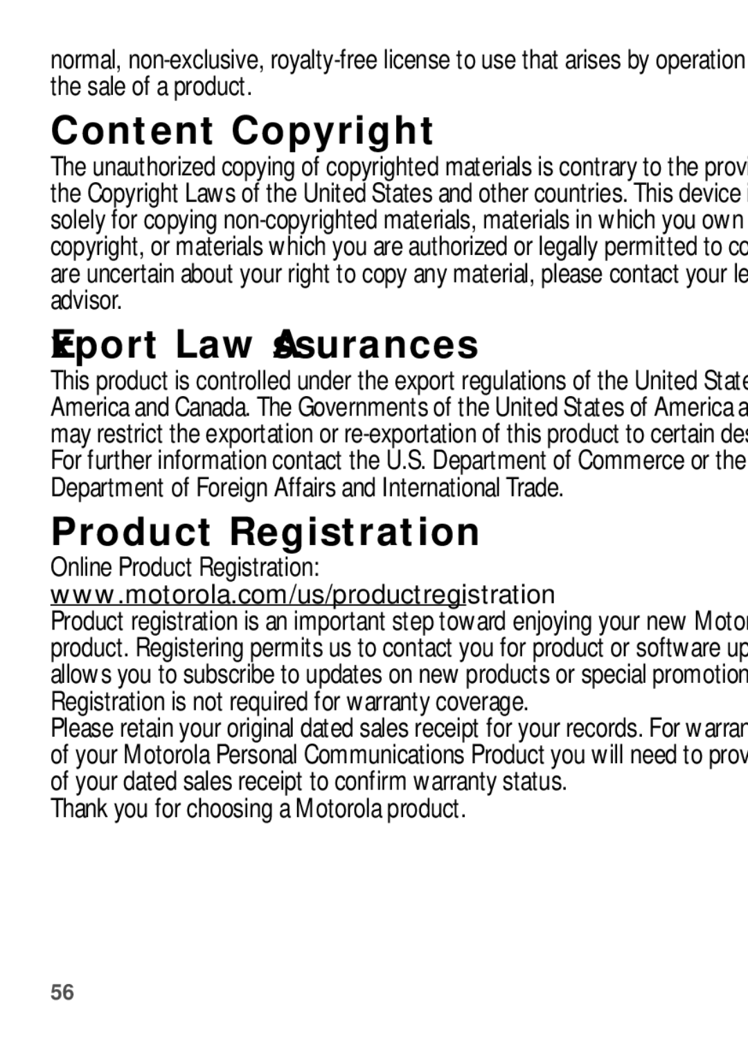 Motorola WX345 manual Content Copyright, Export Law Assurances, Online Product Registration 