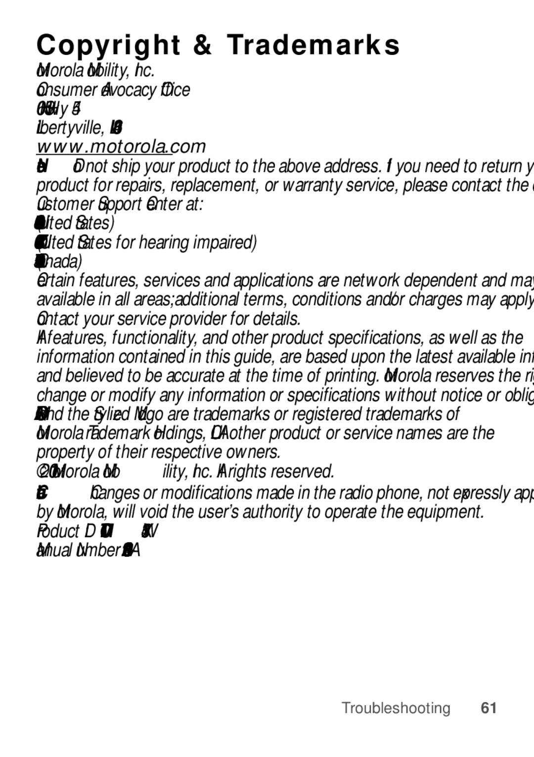 Motorola WX345 manual Copyright & Trademarks, United States Canada 