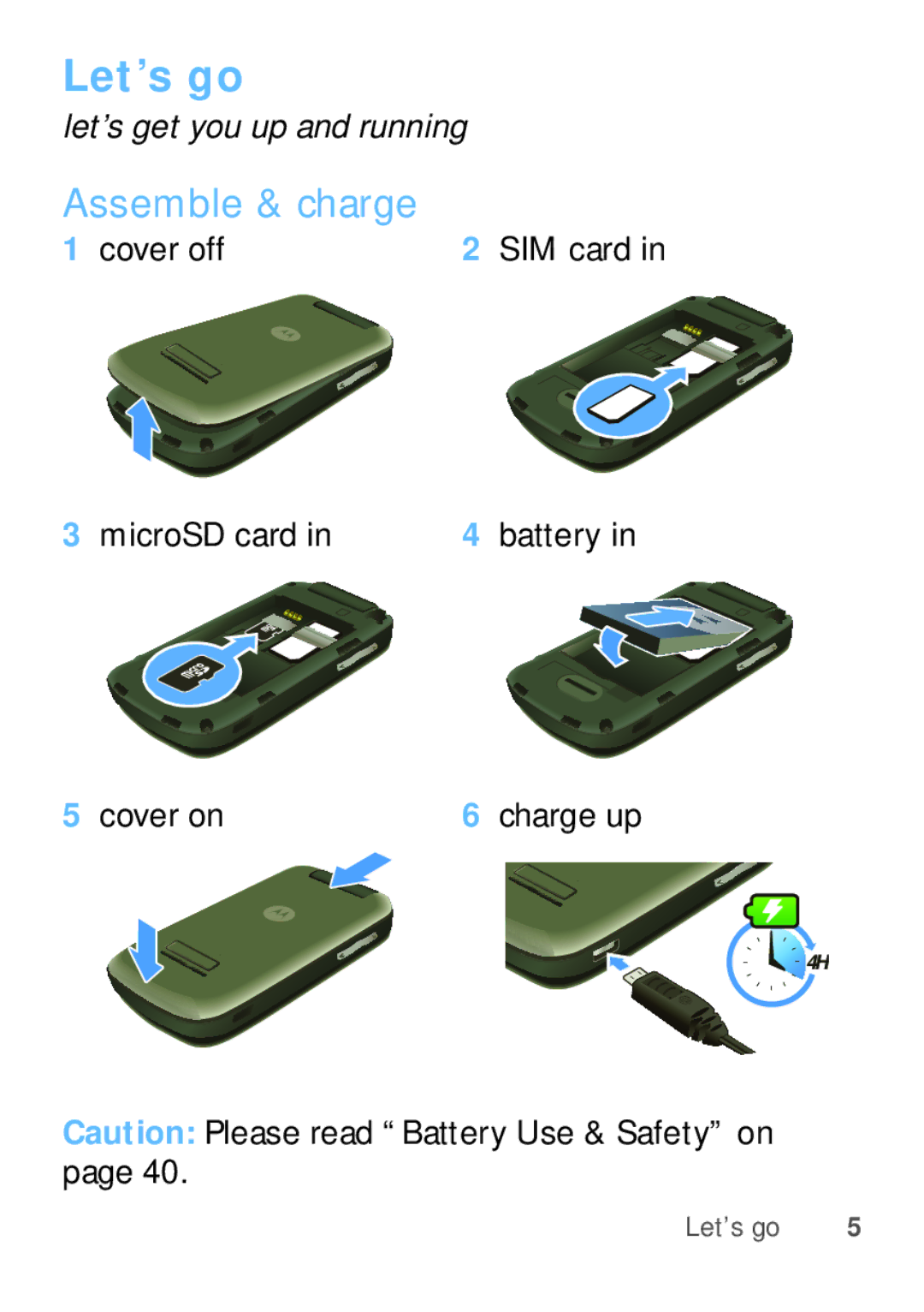 Motorola WX345 manual Let’s go, Assemble & charge 