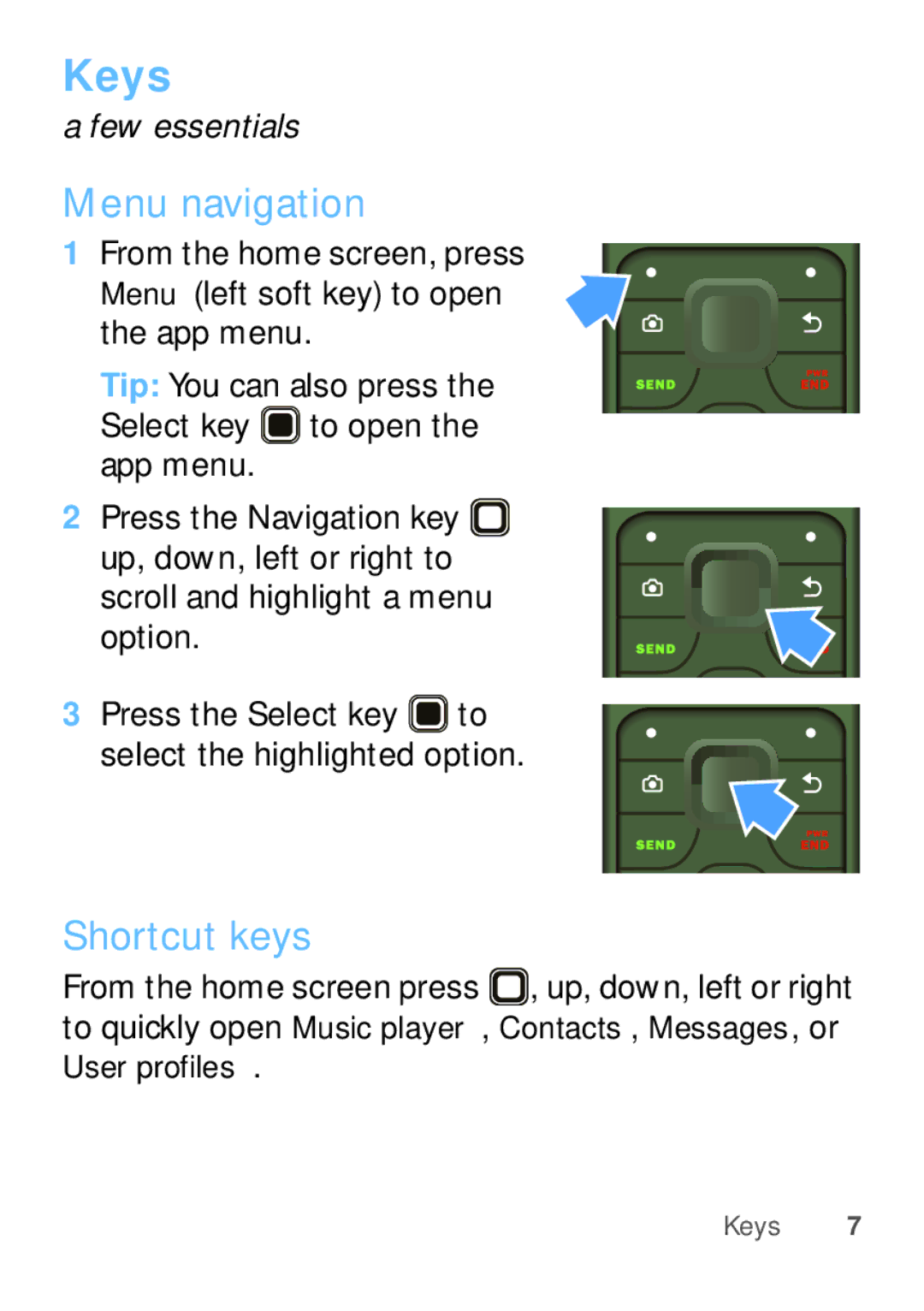 Motorola WX345 manual Keys, Menu navigation, Shortcut keys 