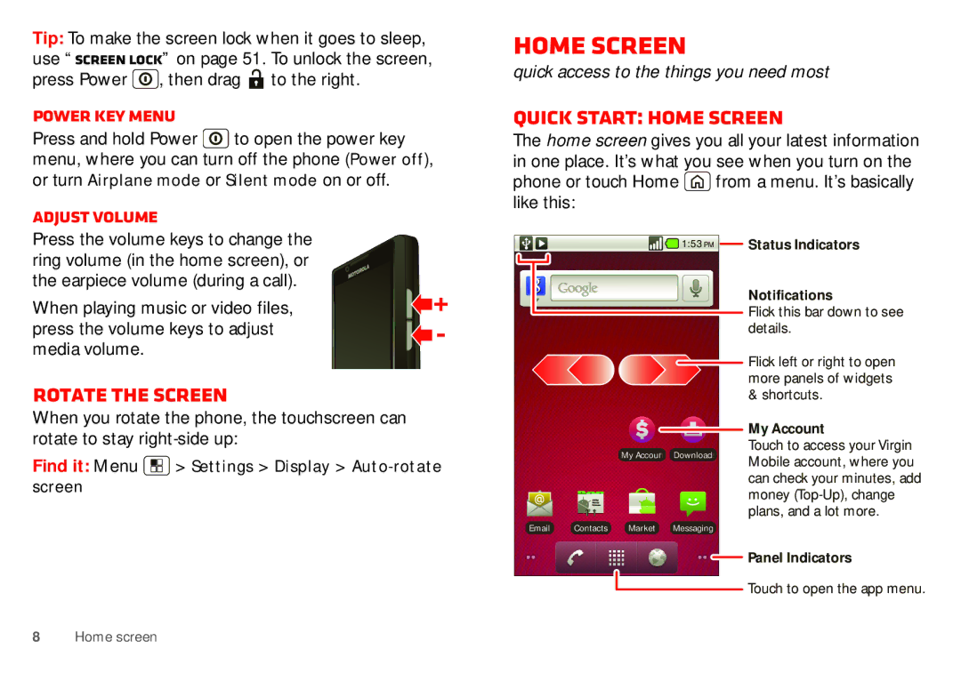 Motorola WX435 manual Rotate the screen, Quick start Home screen, Power key menu, Adjust volume 