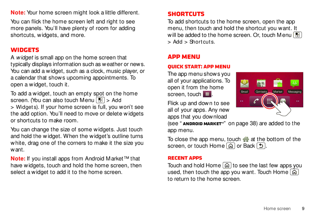 Motorola WX435 manual Widgets, Shortcuts, Quick start App menu, Recent apps 