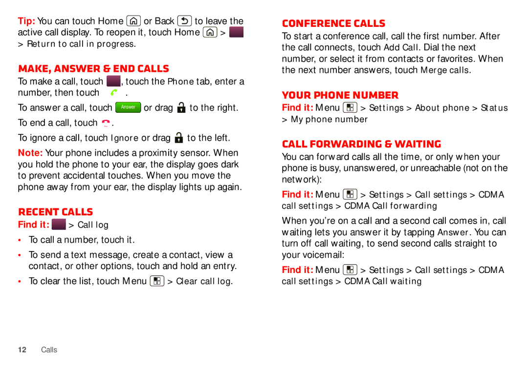 Motorola WX435 Make, answer & end calls, Recent calls, Conference calls, Your phone number, Call forwarding & waiting 