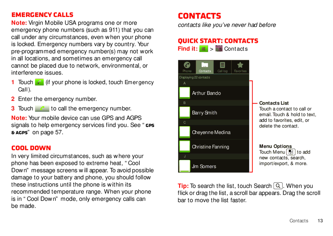 Motorola WX435 manual Emergency calls, Quick start Contacts, Cool down, Find it Contacts 